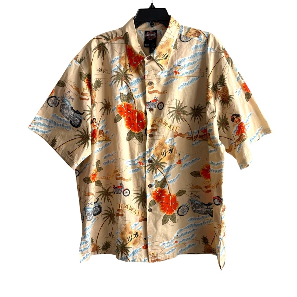 Harley Davidson Men’s 2XL Yellow Orange Hawaiian Print Button Up Shirt Biker